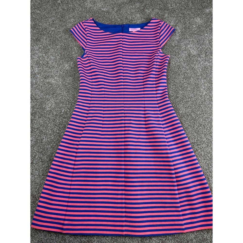 Lilly Pulitzer Sz Small BRIELLA PINK‎ BLUE OTTOMAN STRIPE FIT AND FLARE DRESS...